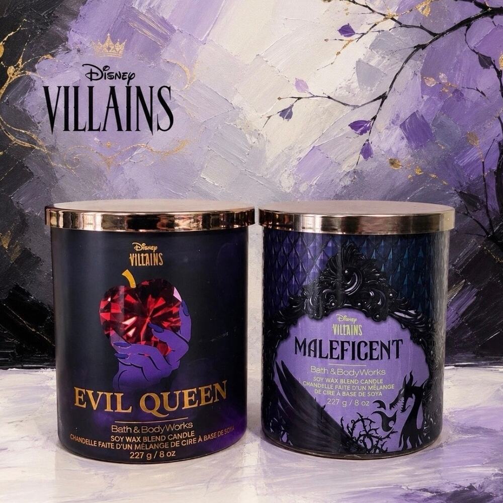 Bath & Body Works Disney Villains 3 Wick Candle Lot Evil Queen Maleficent Set